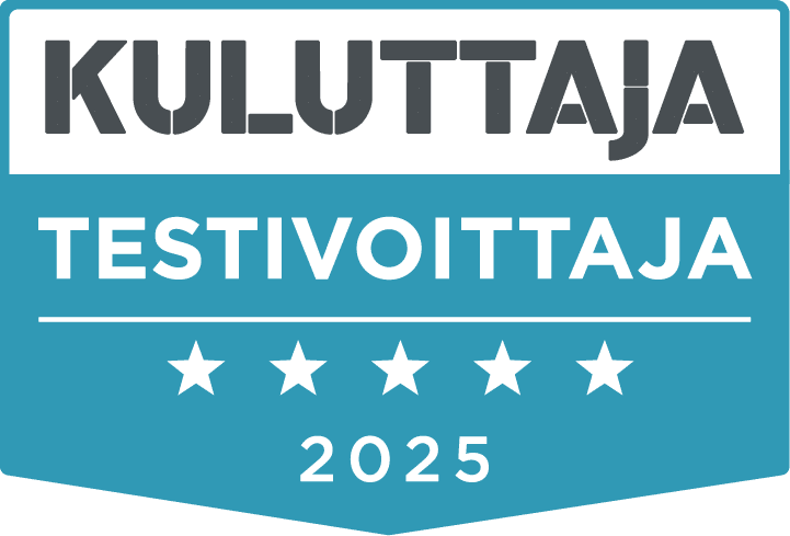 Kuluttajan Testivoittaja 2025 -merkki, 5 tähteä.
