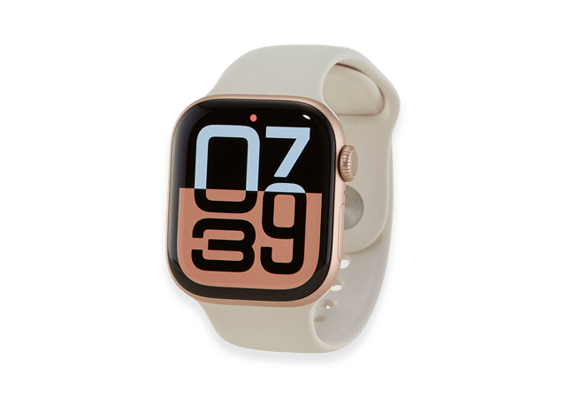 Älykello vaalealla rannekkeella.